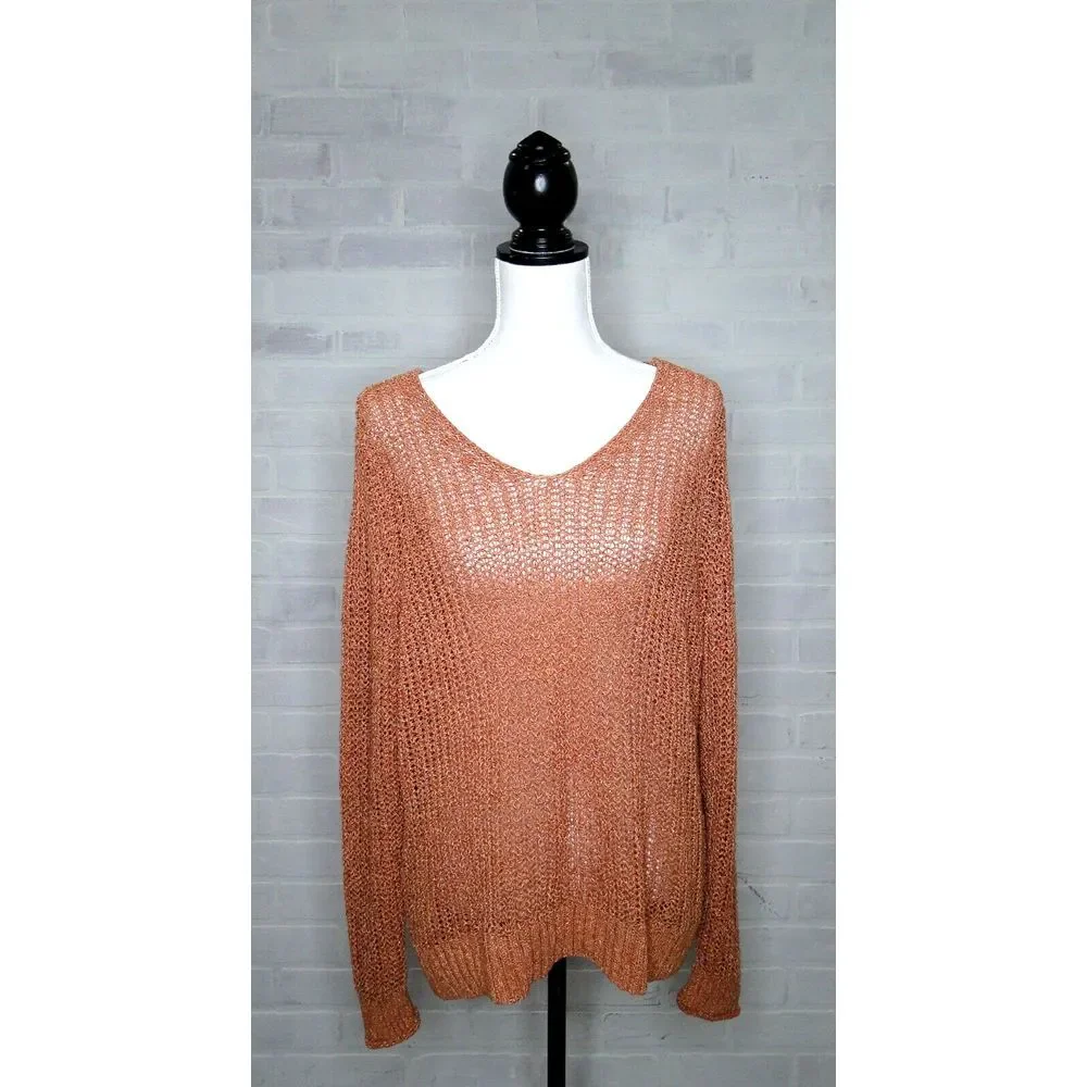 NWT Ann Taylor LOFT Plus Sz 16/18 Orange Shimmer‎ Open Knit Sweater Pullover